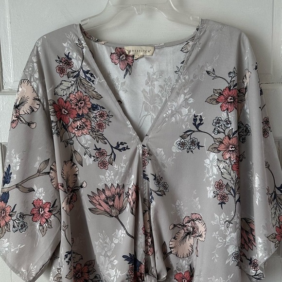 Lovestitch Floral Flowy Blouse Gray Pink Romantic Date Feminine Kimono Sleeve Lg - Picture 7 of 15